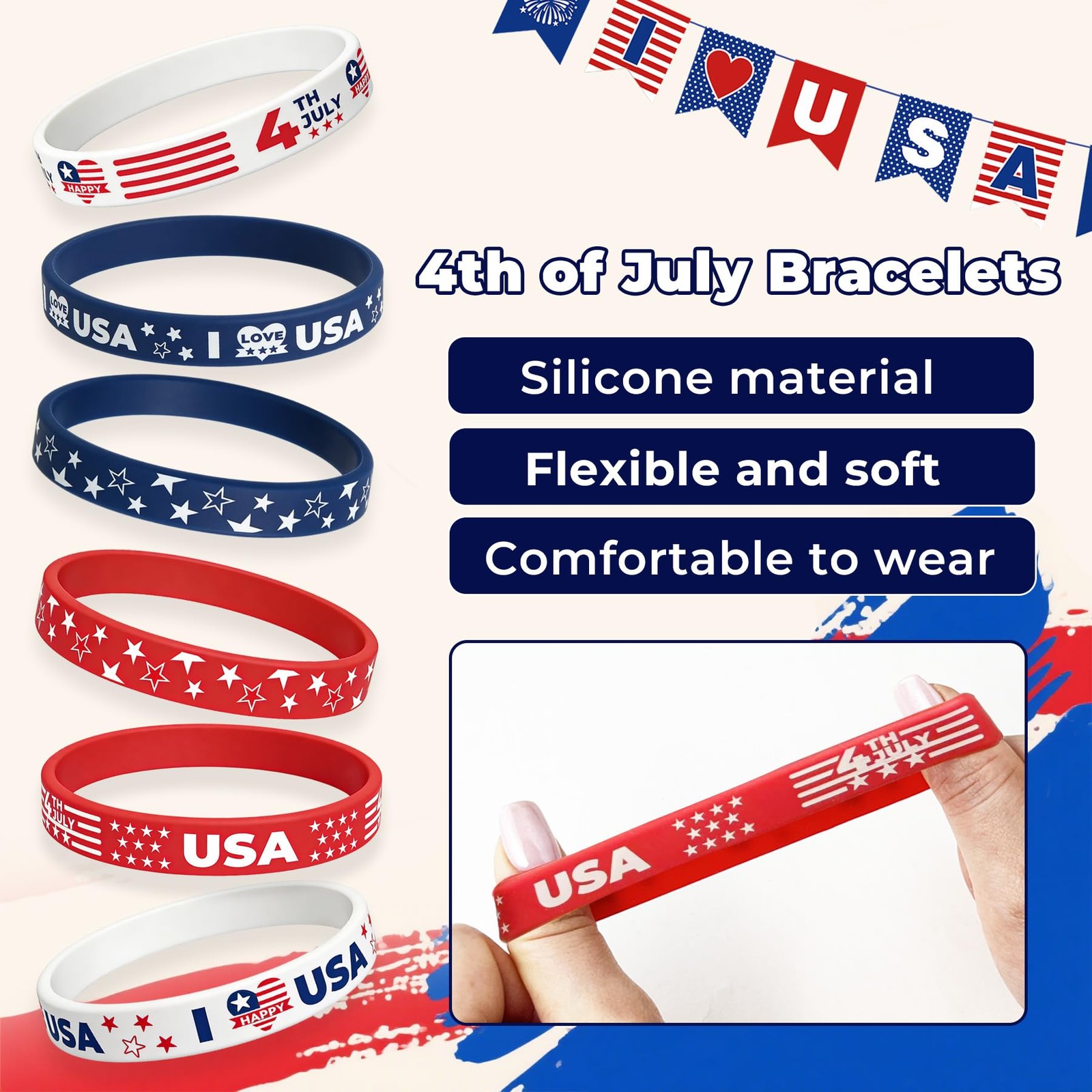American Flag Silicone Bracelet 18 Pcs 4th of July Patriotic Wristbands | Red Wh