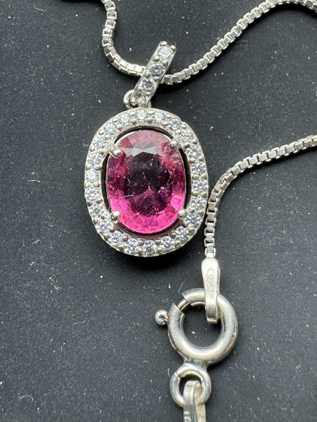 Rich Purple Pink RUBELLITE PENDANT NECKLACE. 0.925 Silver, 1.67 Carat Oval. SI
