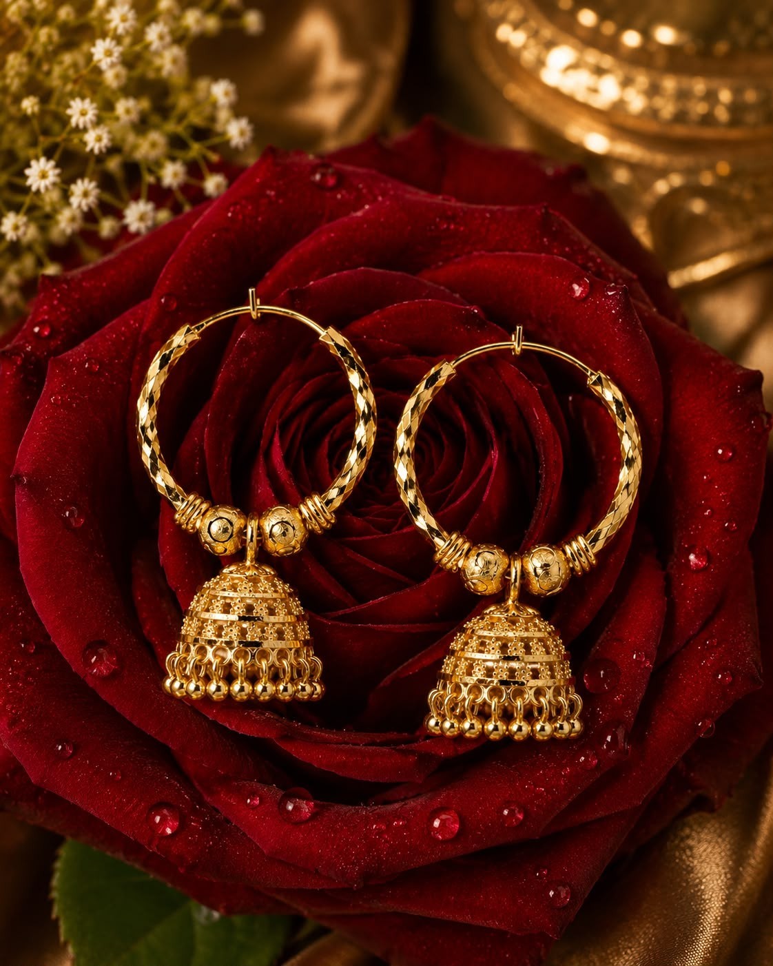 18k Gold Plated Jhumka Earrings, Brass, Art Deco Style,