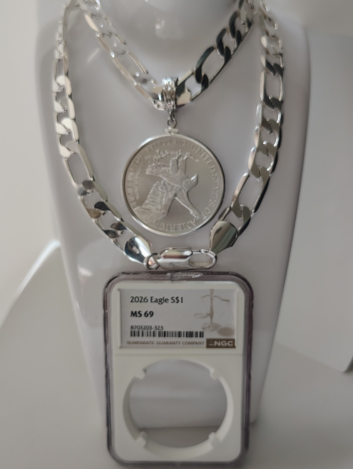 Silver Plated Necklace With Coin 2026 MS 69 Silver American Eagle 1 Oz (26″/12mm