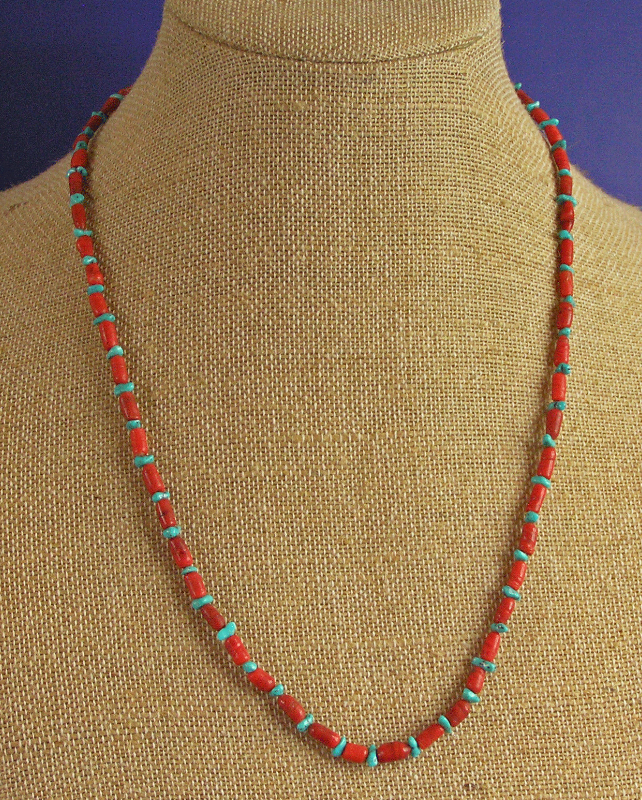 Simple Southwestern Tube Red Coral & Turquoise Beaded Necklace 25.5″ (TY)