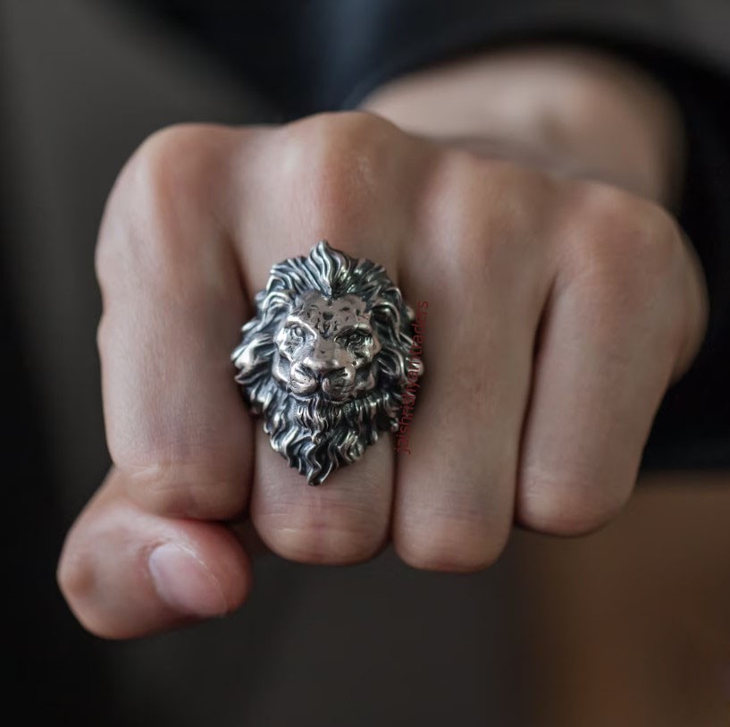 Men’s Lion Head Ring Oxidized 925 Sterling Silver Bold Statement Biker Jewelry