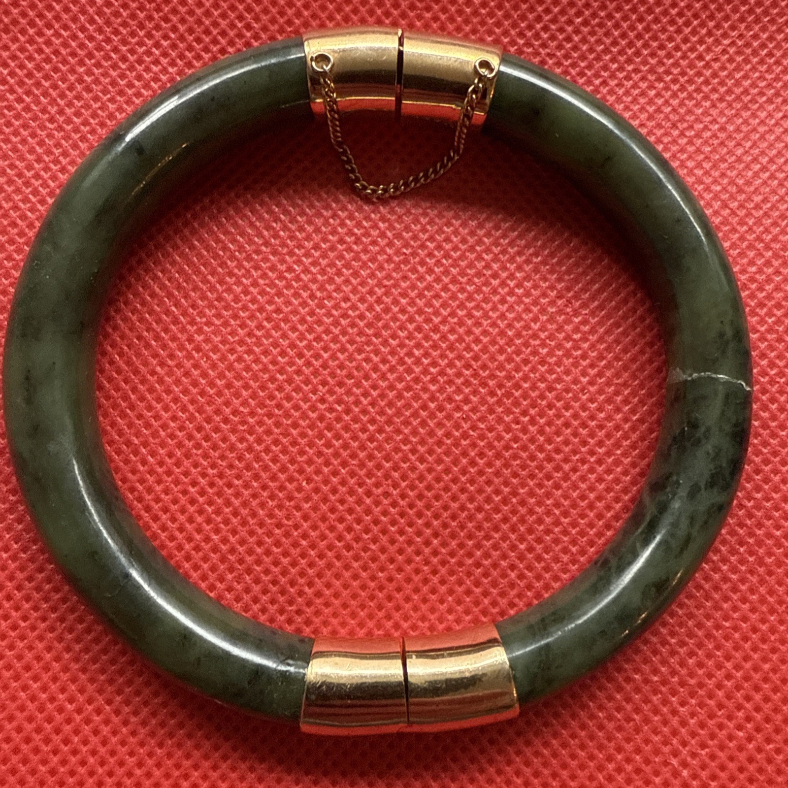 Green Nephrite Jade Hinged Gold Tone Bangle Bracelet Push Lock DAMAGED