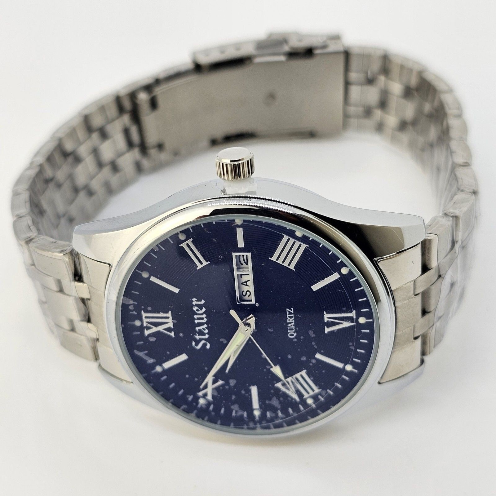 Stauer Men’s Watch 40MM Roman Numerals Blue Dial Day Date Gray Bracelet Band 8″