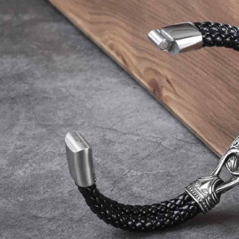 Handmade Leather Viking Bracelet Men Stainless Steel Wrap Cuff Magnetic Clasp