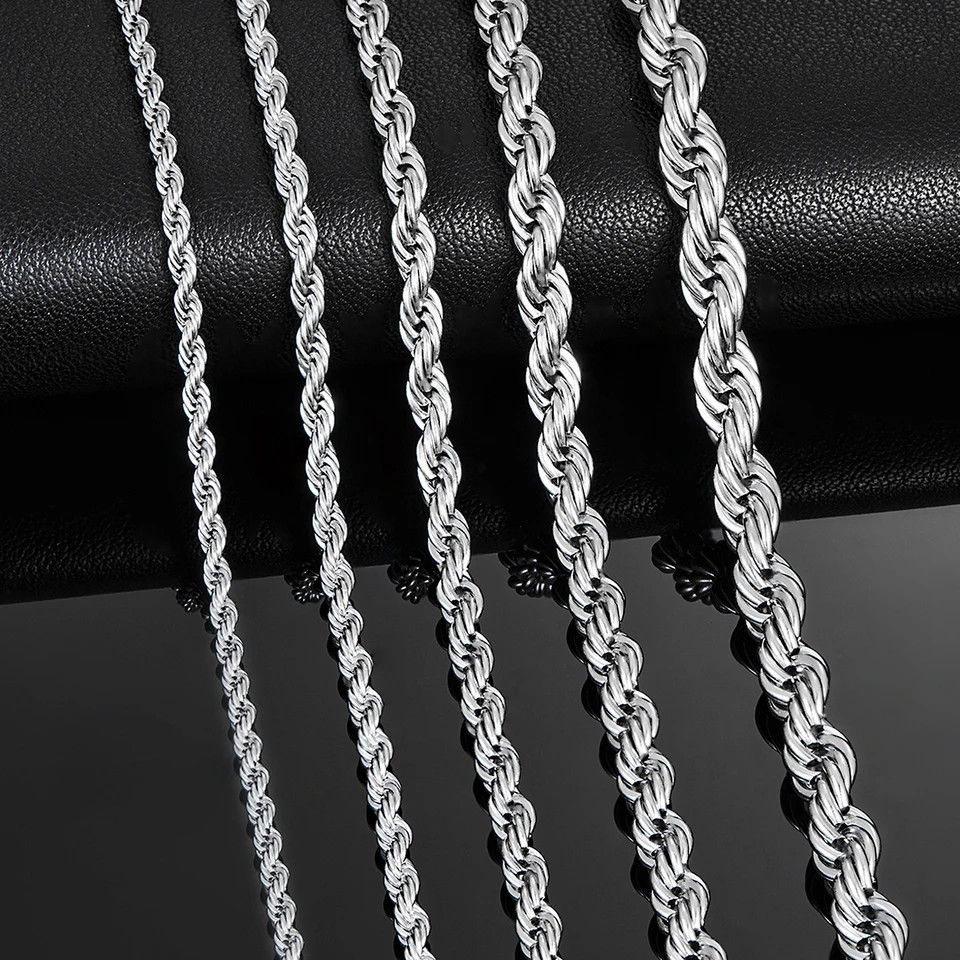 Stainless Steel Rope Chain Necklace Silver Tone Twisted 2.3-6mm Men Jewelry