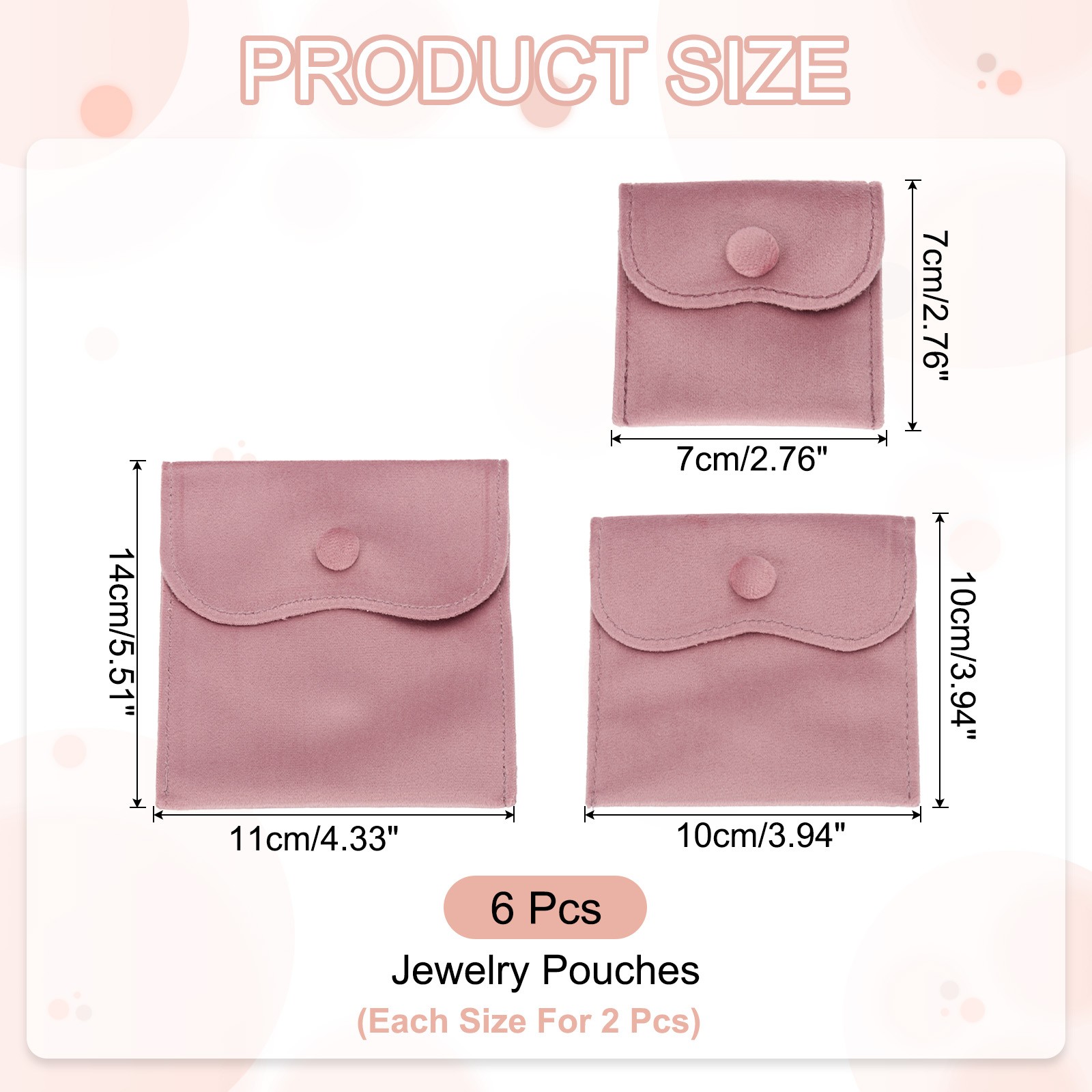 6 Pcs Velvet Jewelry Pouches Gift Bag with Snap Button (3″x3″/4″x4″/4″x5″) Pink