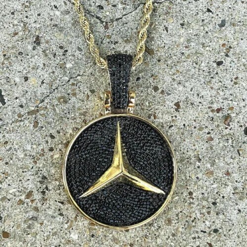 3Ct Round Cut Lab-Created Black Diamond Mercedes Pendant 14K Yellow Gold Plated