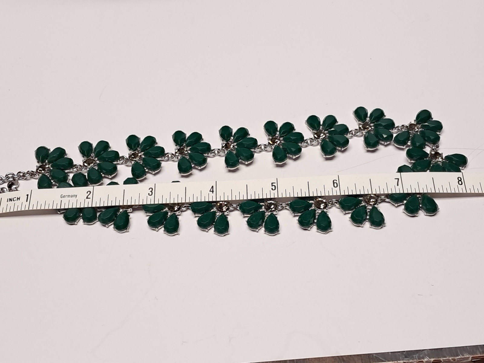 Ann Taylor Green Floral Statement Bib Necklace Rhinestone Silver Tone Signed