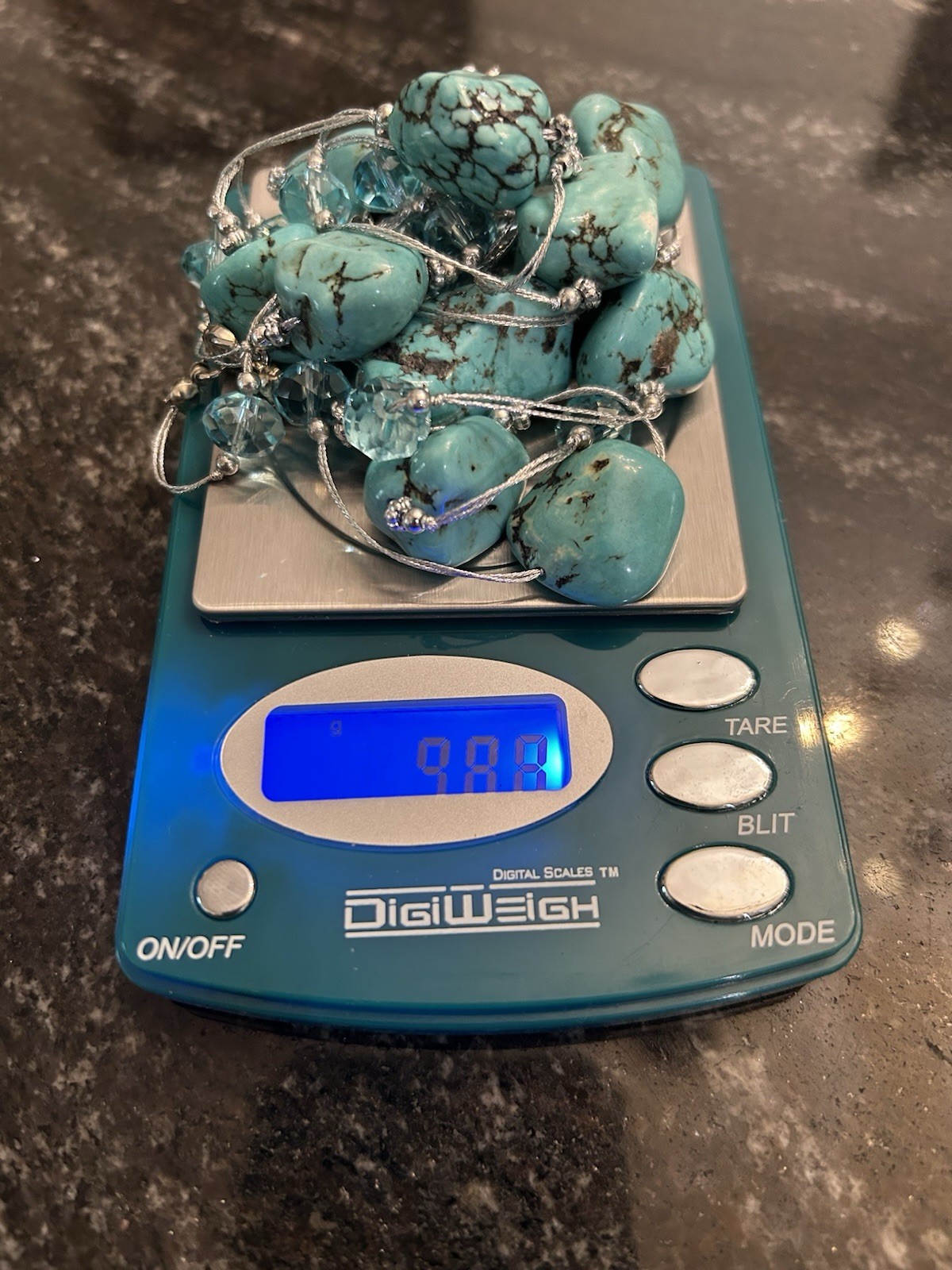 Boutique Turquoise Nuggets w/Crystal Beads Spun Silver Chain Necklace 56” 98.8g