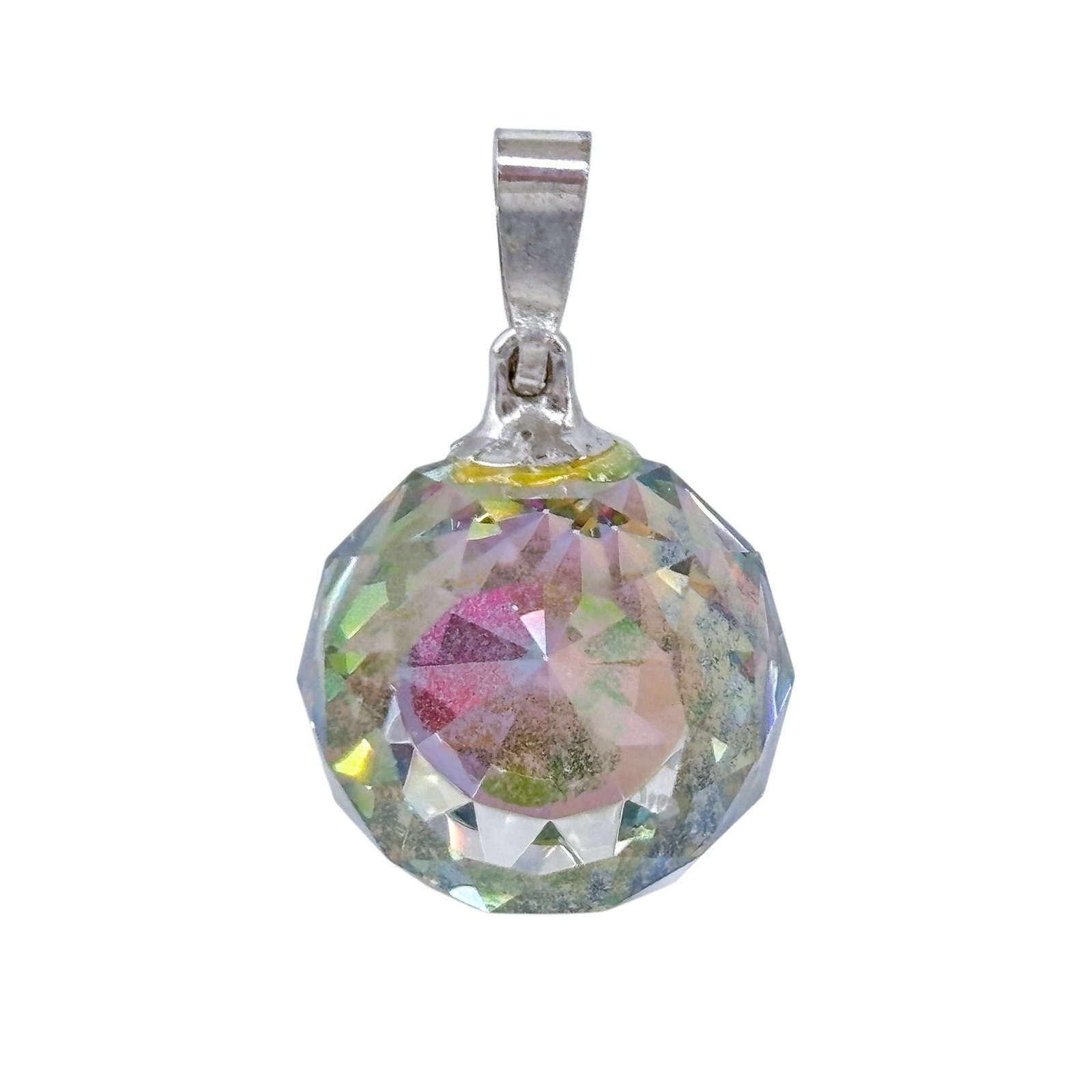 Faceted Aurora Borealis Crystal Pendant | Sterling Silver 925 Round Prism Charm