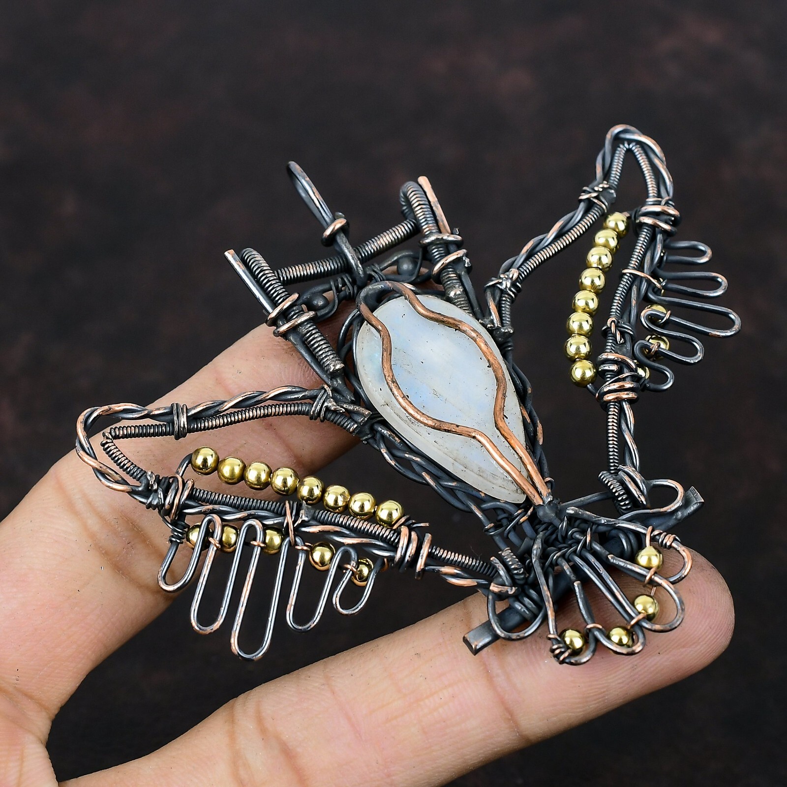 Rainbow Moonstone Wire Wrapped Owl Pendant Handcrafted Copper Unique Gift 3.15″