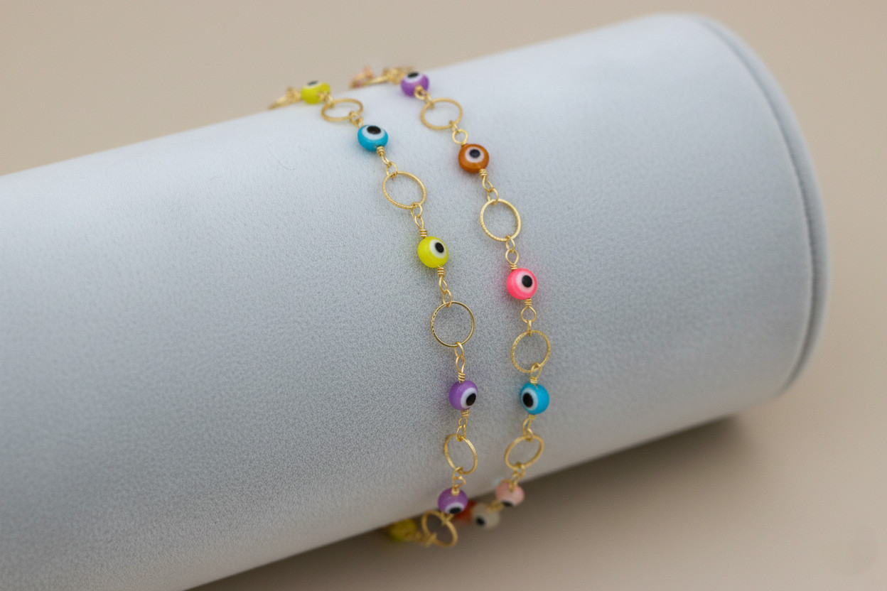 Chic Multi-Color Evil Eye Bracelet Gold Plated Beaded Link Chain Trendy Jewelry