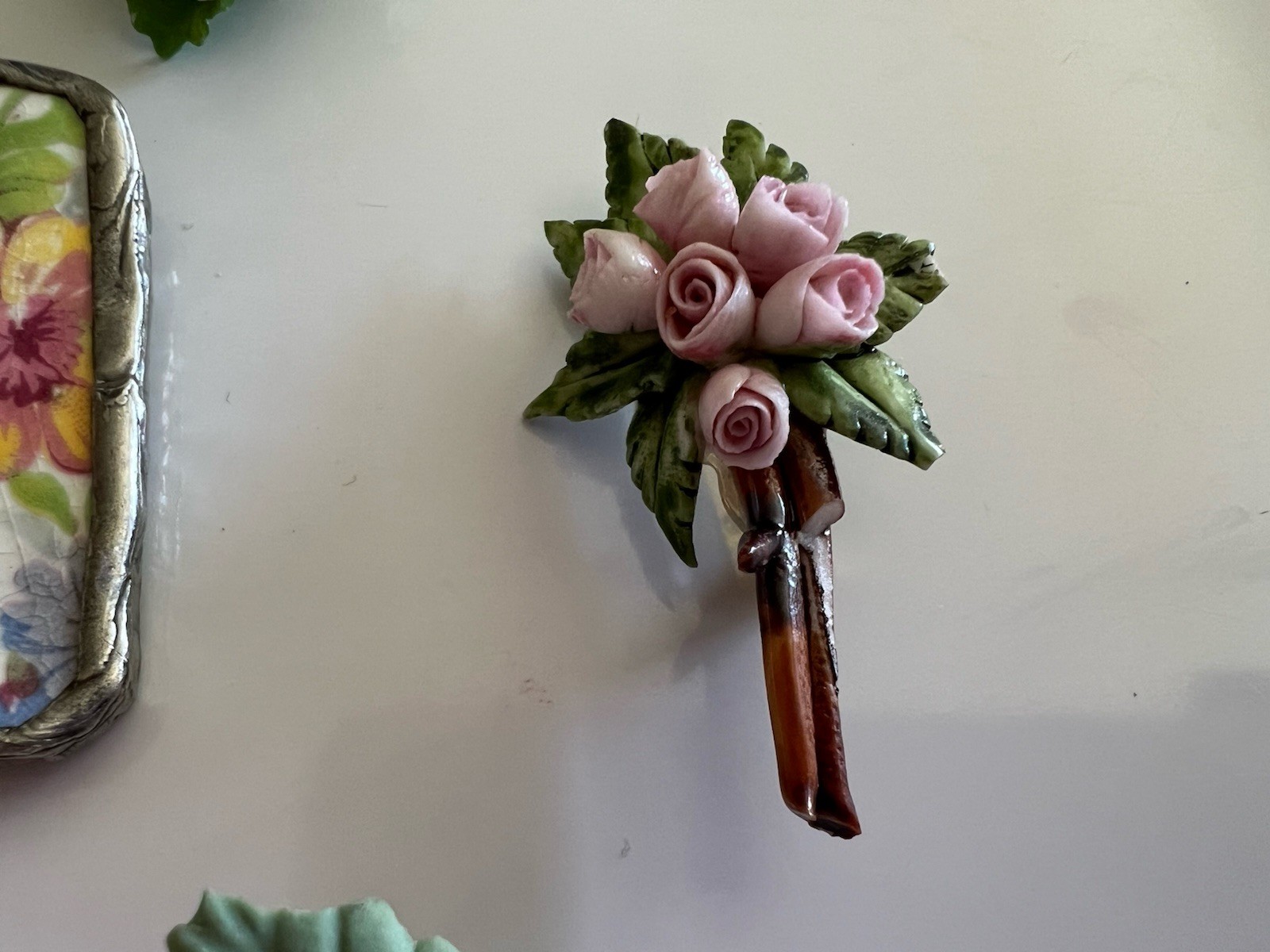 VTG Floral Brooch Lot Ceramic Roses Enamel Daisy Tile 10 Pc Flowers Pink Yellow
