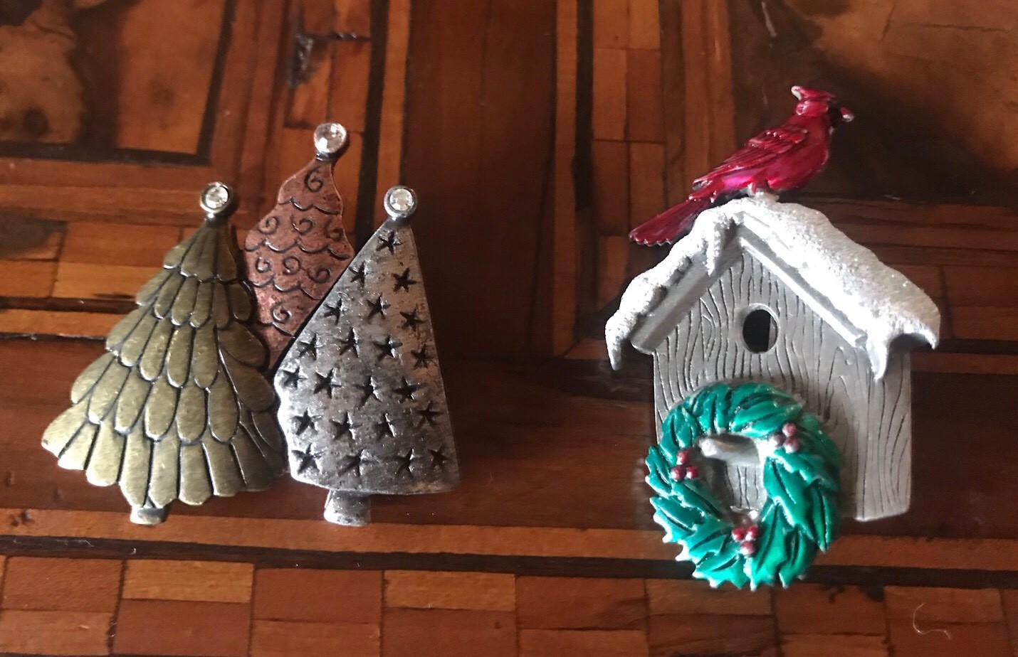 Vintage Christmas Tree Brooch Wreath Bird Christmas Tree Brooches One Signed JJ