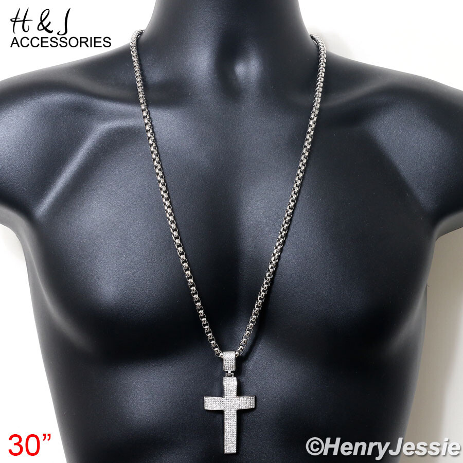 18-40″MEN Stainless Steel 5mm Silver Box Link Necklace ICY CZ Cross Pendant*IP21
