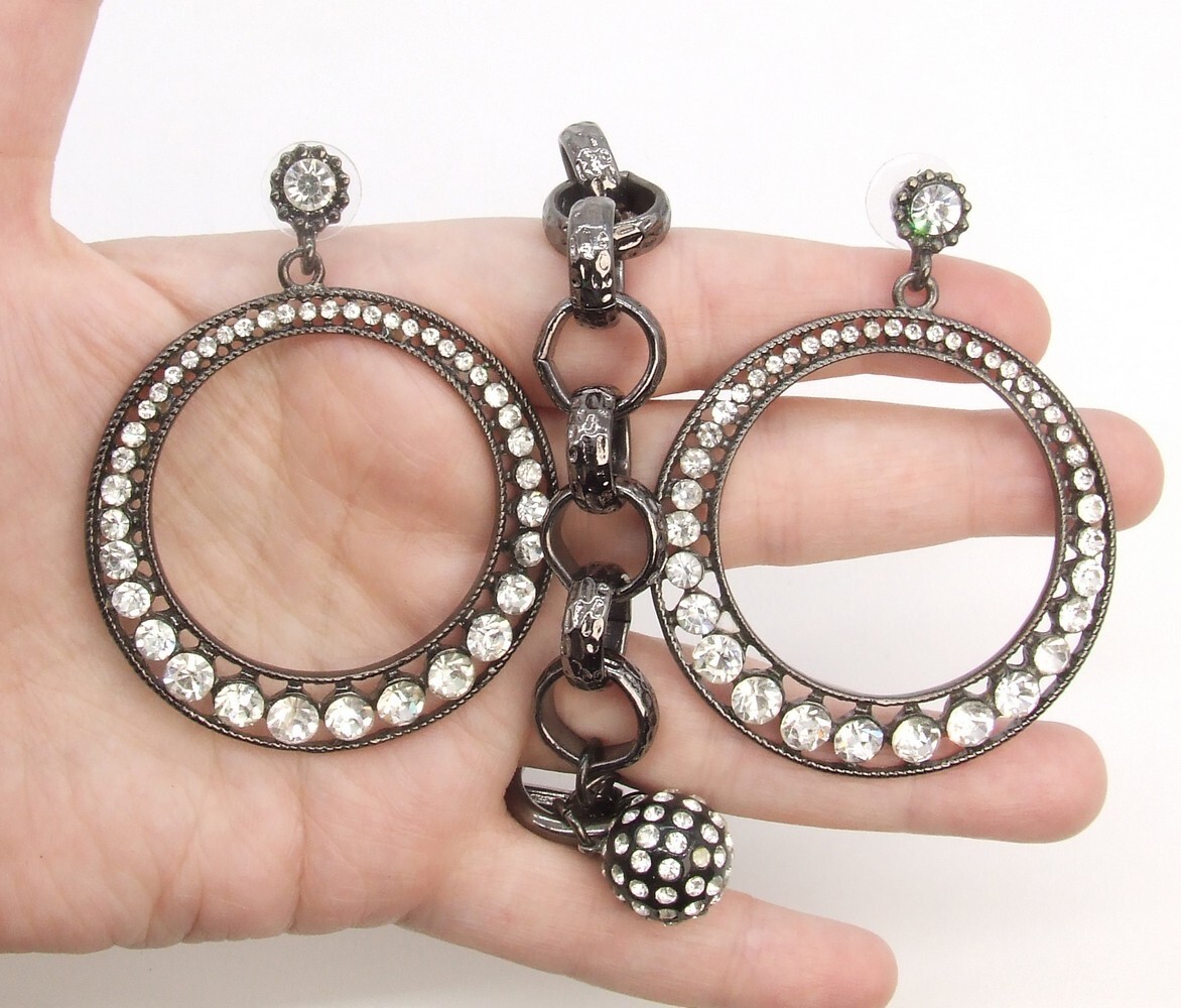 8″ Black Plated Rhinestone Ball/Hammered Rolo Chain Charm Bracelet/Hoop Earrings