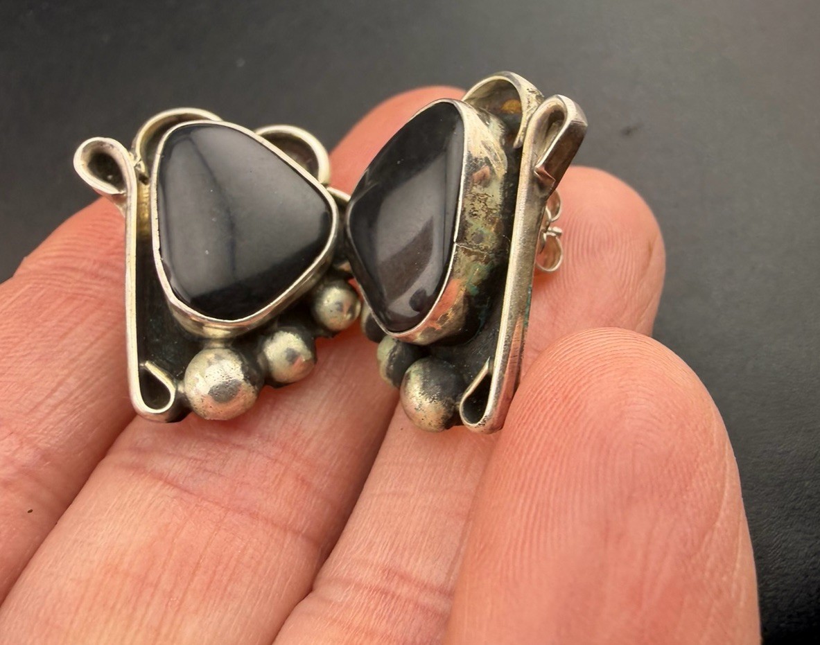 WS Sterling Silver Black Onyx Modernist Stud Earrings 11.7g Signed