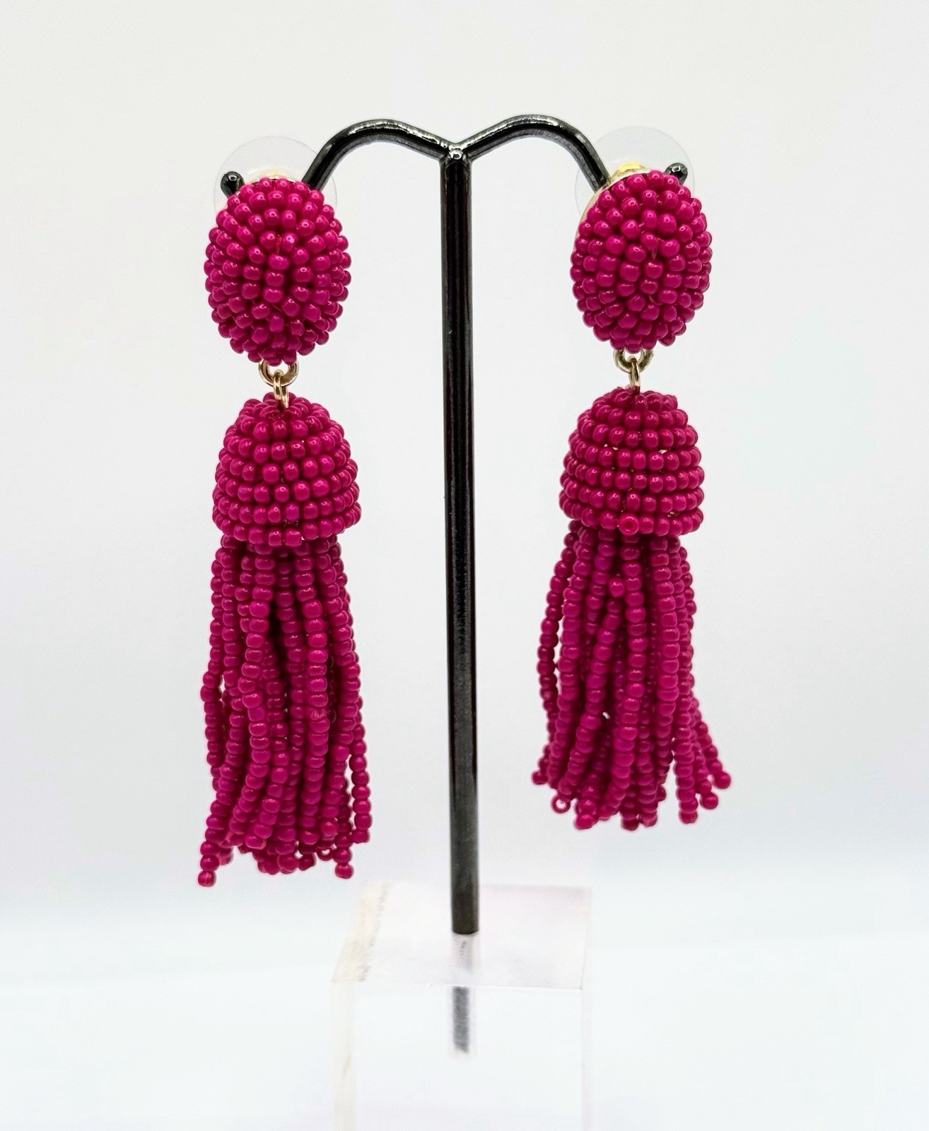 Fuschia Pink Glass Seed Bead Tassel 2 3/4” In Length Earrings Pierced 177