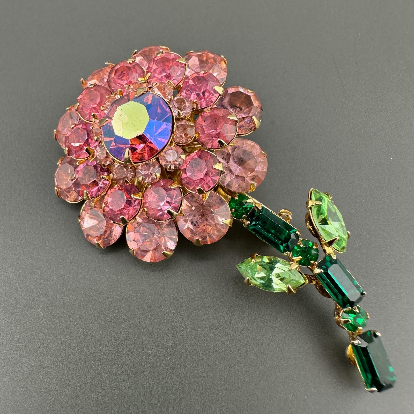 Vintage Judy Lee Rhinestone Flower Brooch Shades of AB Pink Green Long Stem READ