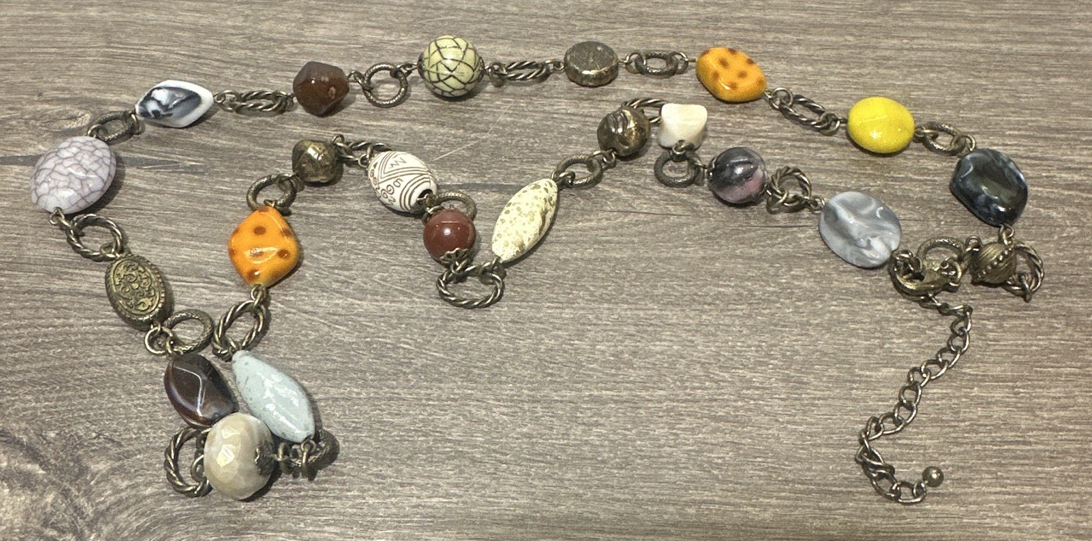 Premier Multicolor Bead & Stone Gold Tone Link Necklace Lobster Clasp Adjustable