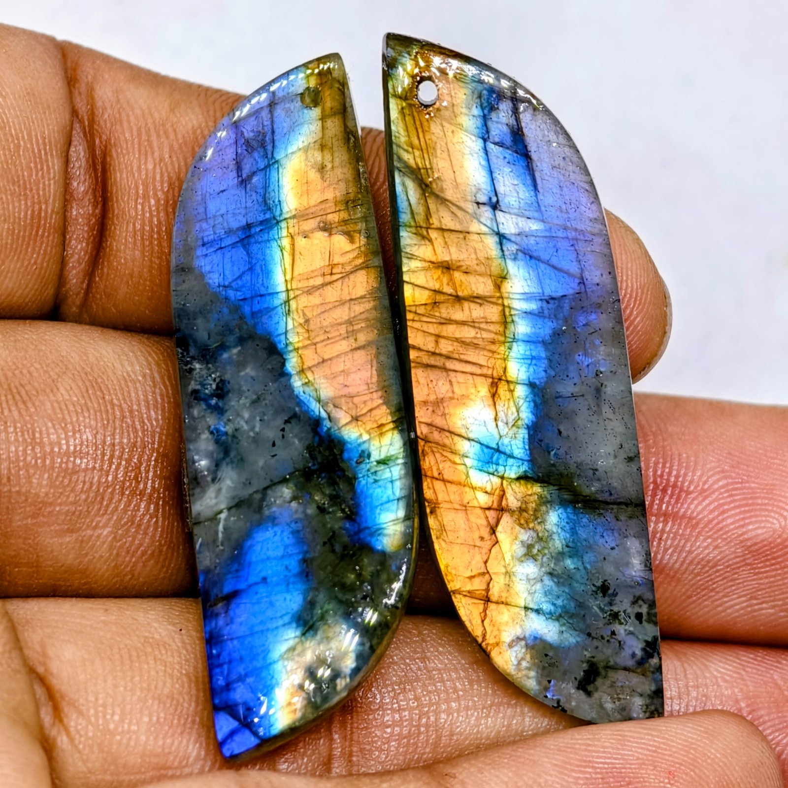 55 Cts Natural Labradorite Drilled Match Pair Cabochon Gemstone 47.4 X 14.2 MM