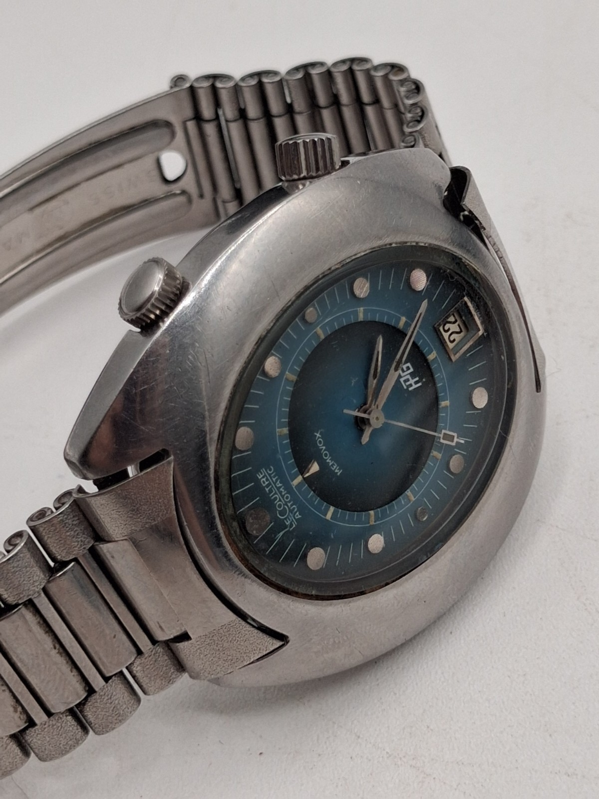 1970s Le Coultre Memovox “Egg” Blue Dial Stainless Steel Wristwatch