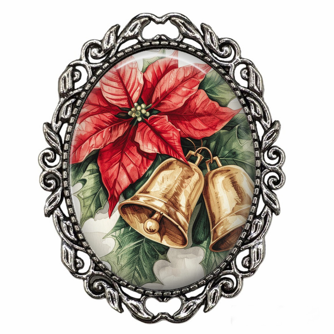 Christmas Poinsettias & Bells Brooch Pin Watercolor Art Christmas Jewelry Gifts