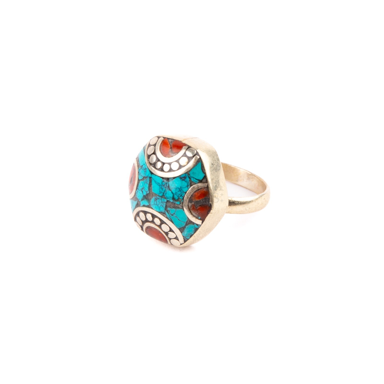 Tibetan Ring, Turquoise Red Coral, Hexagon Tibetan Ring, Handmade Nepali Jewelry