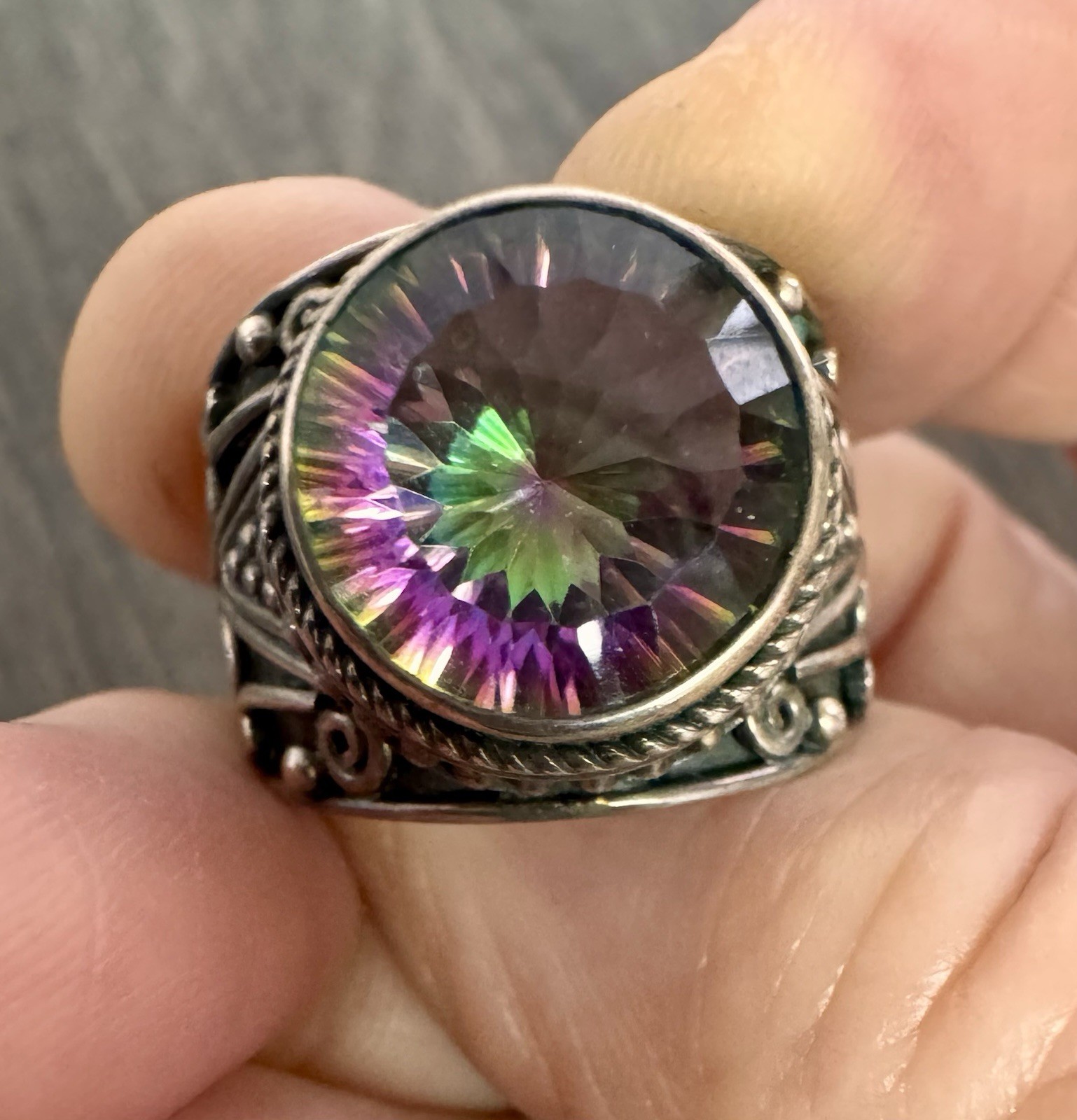 925 Sterling Silver Mystic Topaz Statement Ring Artisan Boho Scroll Size 8
