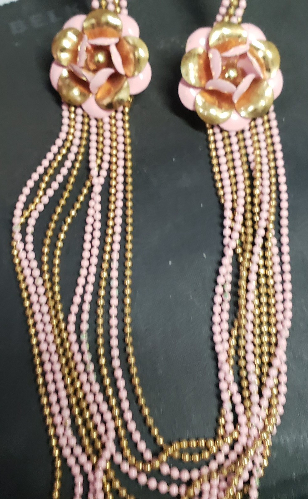 Art Deco Brass Ball Chain Pink Flower Multi Strand Draped Necklace 1930’s 1940s