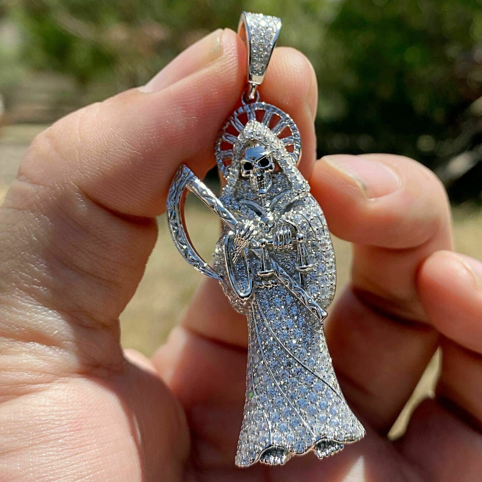 2.10Ct Round Cut Diamond Santa Muerte Pendant 14K White Gold Finish Free Chain