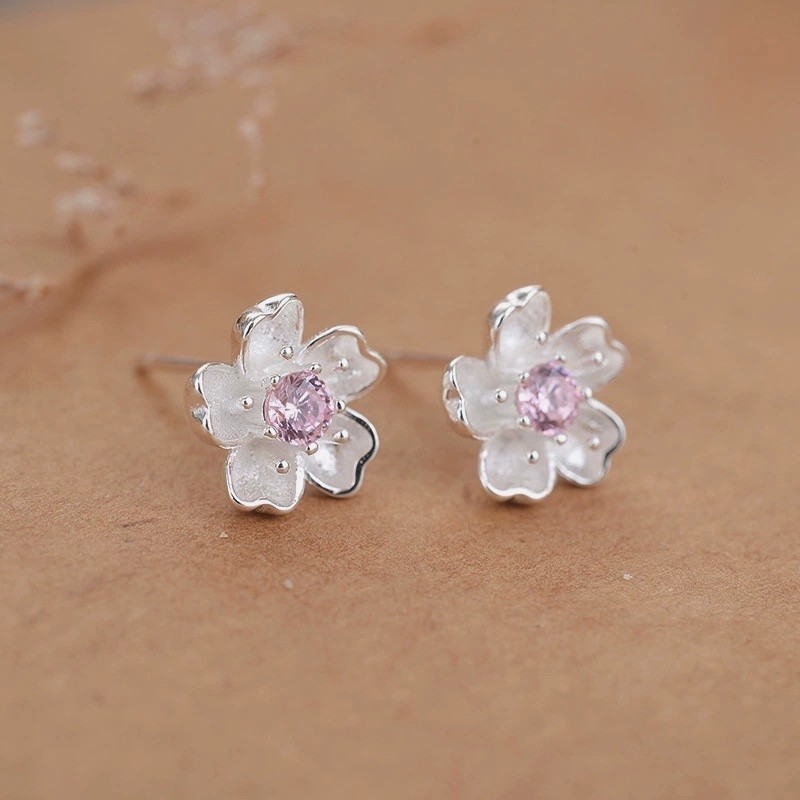 Elegant Pink CZ Center Cherry Blossom Earring Silver Plated Straight Needle Stud