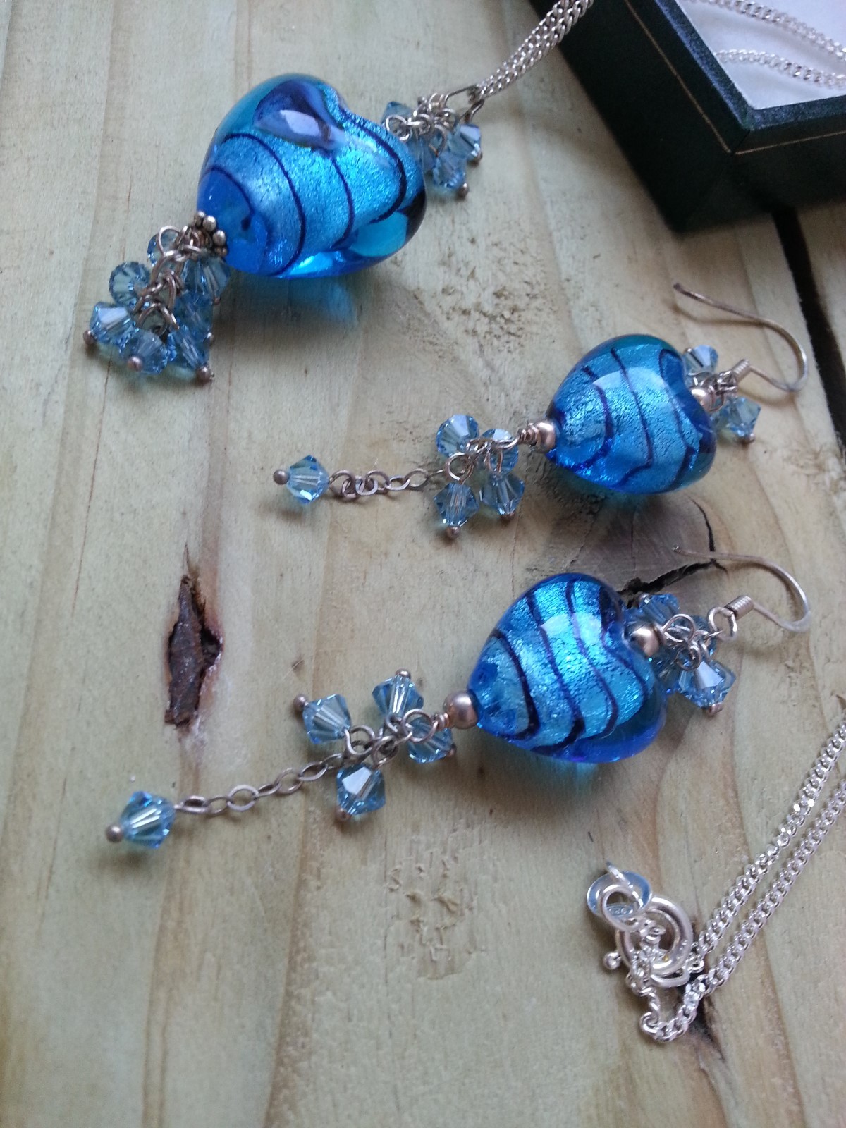 Blue Murano Glass Heart Shape Necklace With Matching Pierced Drop Earrings