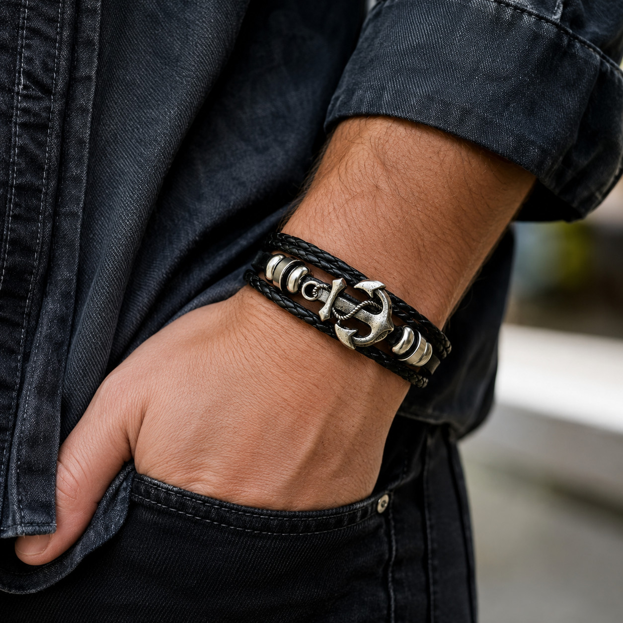 Anchor Leather Bracelet Black Braided Nautical Rope Stainless Steel Wristband Gi