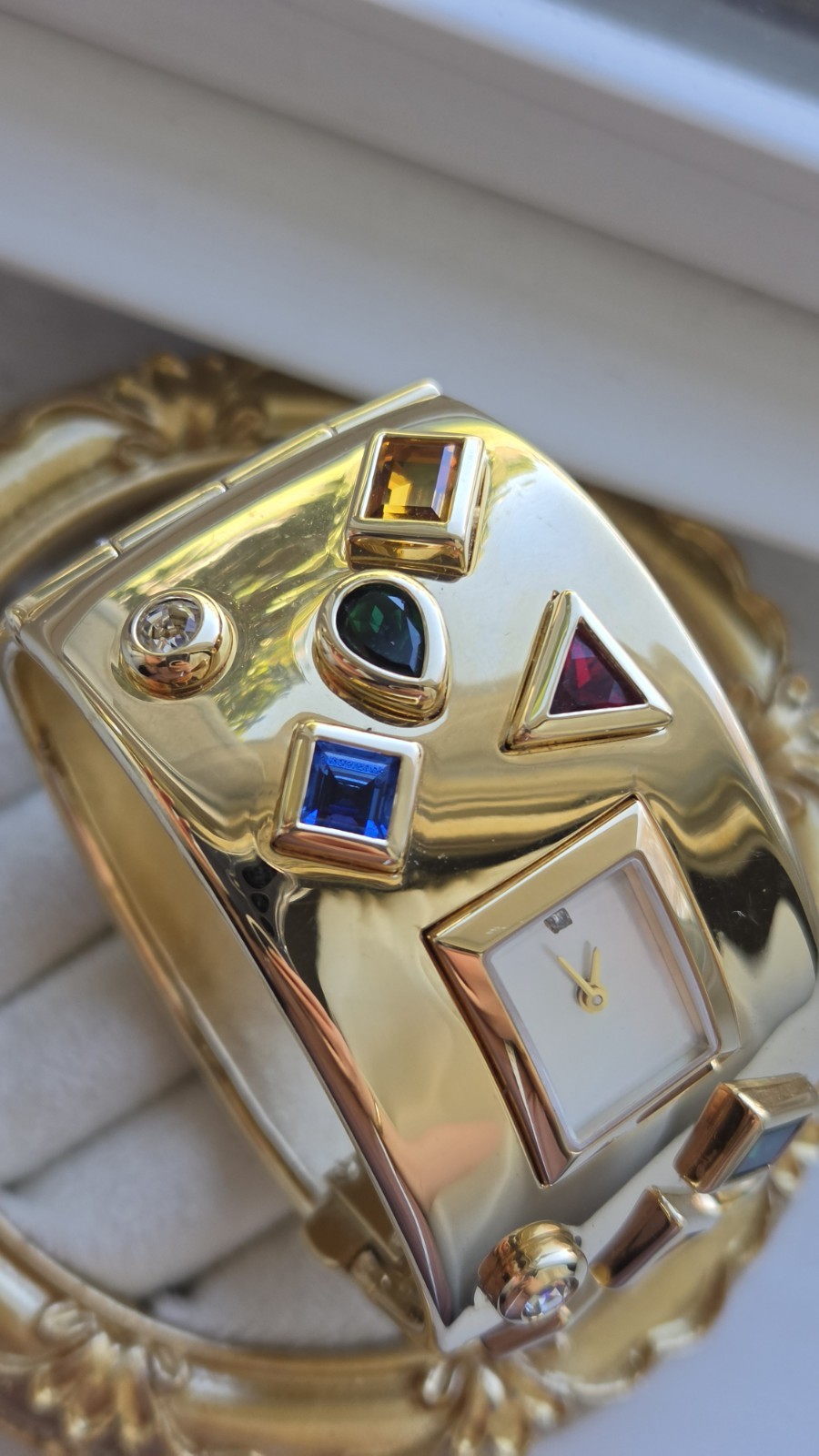 Vintage Franklin Mint Bob Mackie 24k GP Bezel Stone Cuff Watch Estate