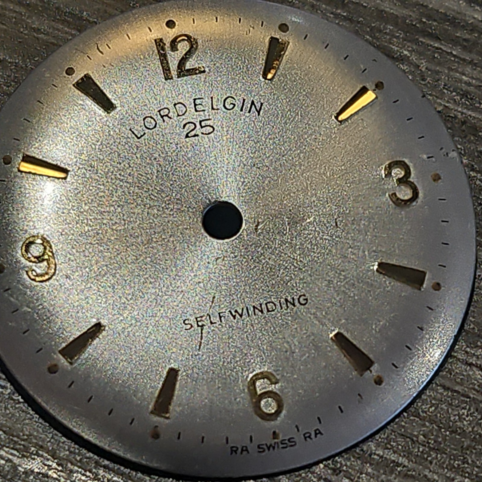 LORD ELGIN 25 SELF WINDING WATCH DIAL APPROX 27MM USED SILVER & GOLD