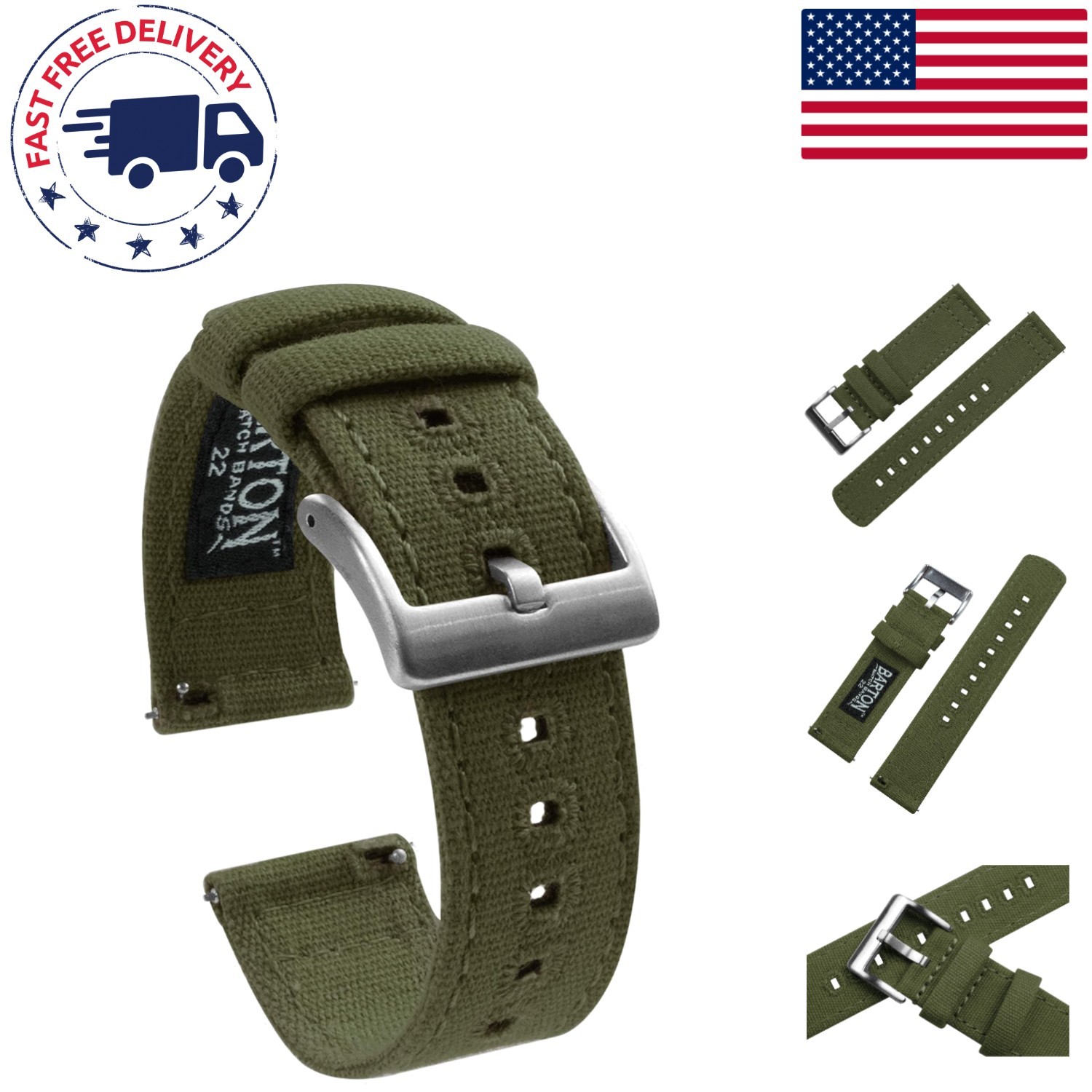BARTON 22mm Army Green Canvas Quick Release Watch Band – Stylish and Comfortable