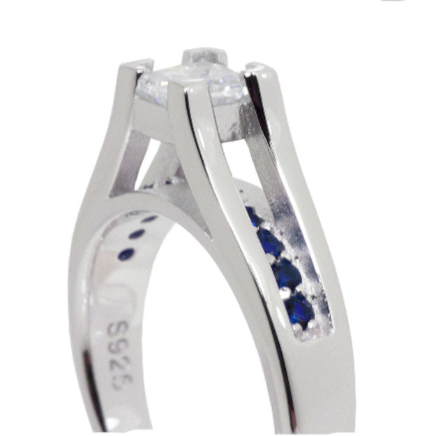 Blue Line 2 Ring Set 5mm Princess CZ Engagement Wedding 925 Silver Sz 5 6 8 9 10