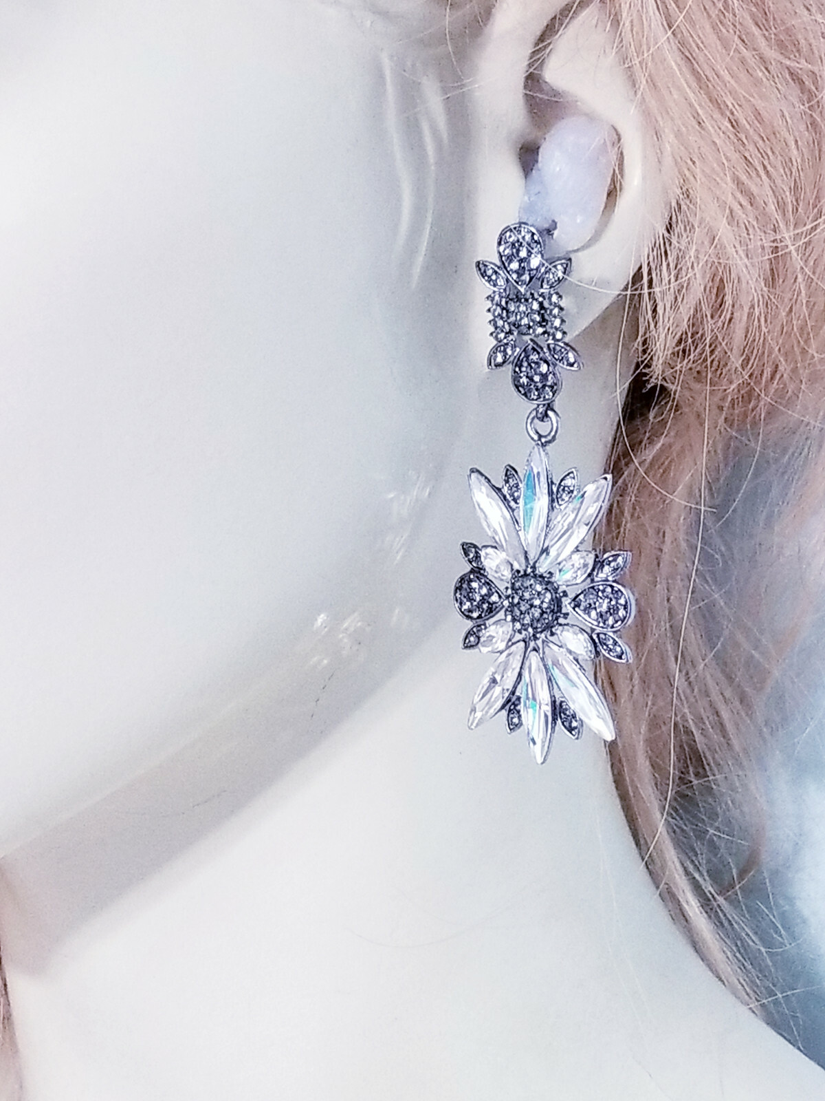 Rhinestone Chandelier Drop Earrings Steampunk Prom Pageant Jewelry 2.8 in Gray