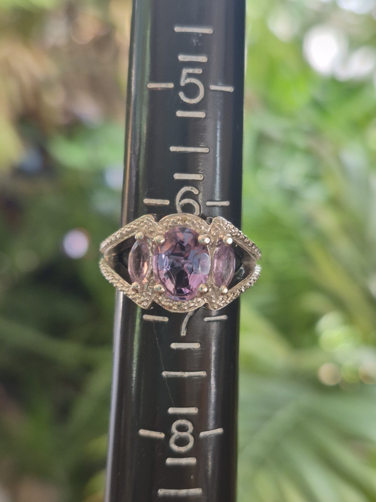 .925 Sterling Silver and 3 Stone Amethyst Ring sz. 6.5