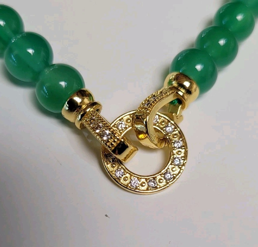 51cm Imperial Jade Green Natural Agate 8mm Bead Necklace Cubic Zirconia Clasp