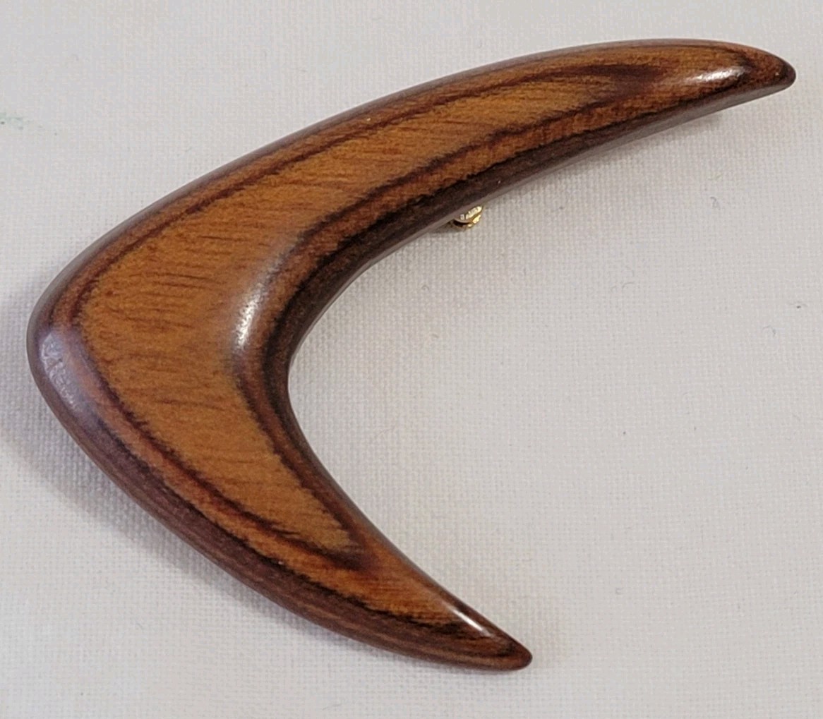 Boomerang Polished Wood Pin Brooch Layered Crescent Wood Grain 2 x 1.5″ Brown
