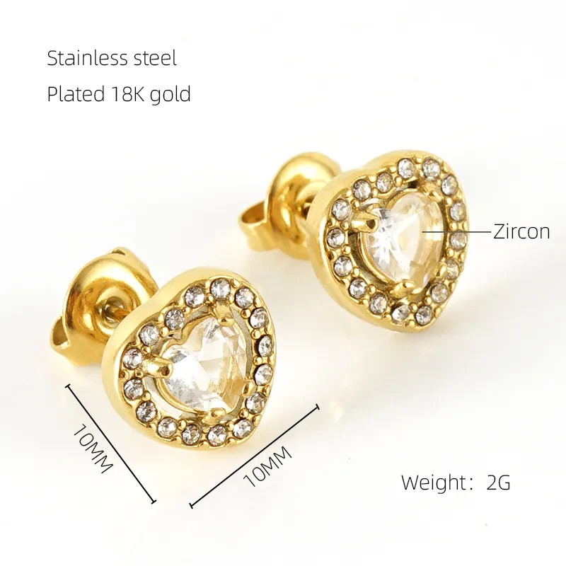 18K Gold Plated Heart Stud Earrings CZ Halo Stainless Steel PVD Coated