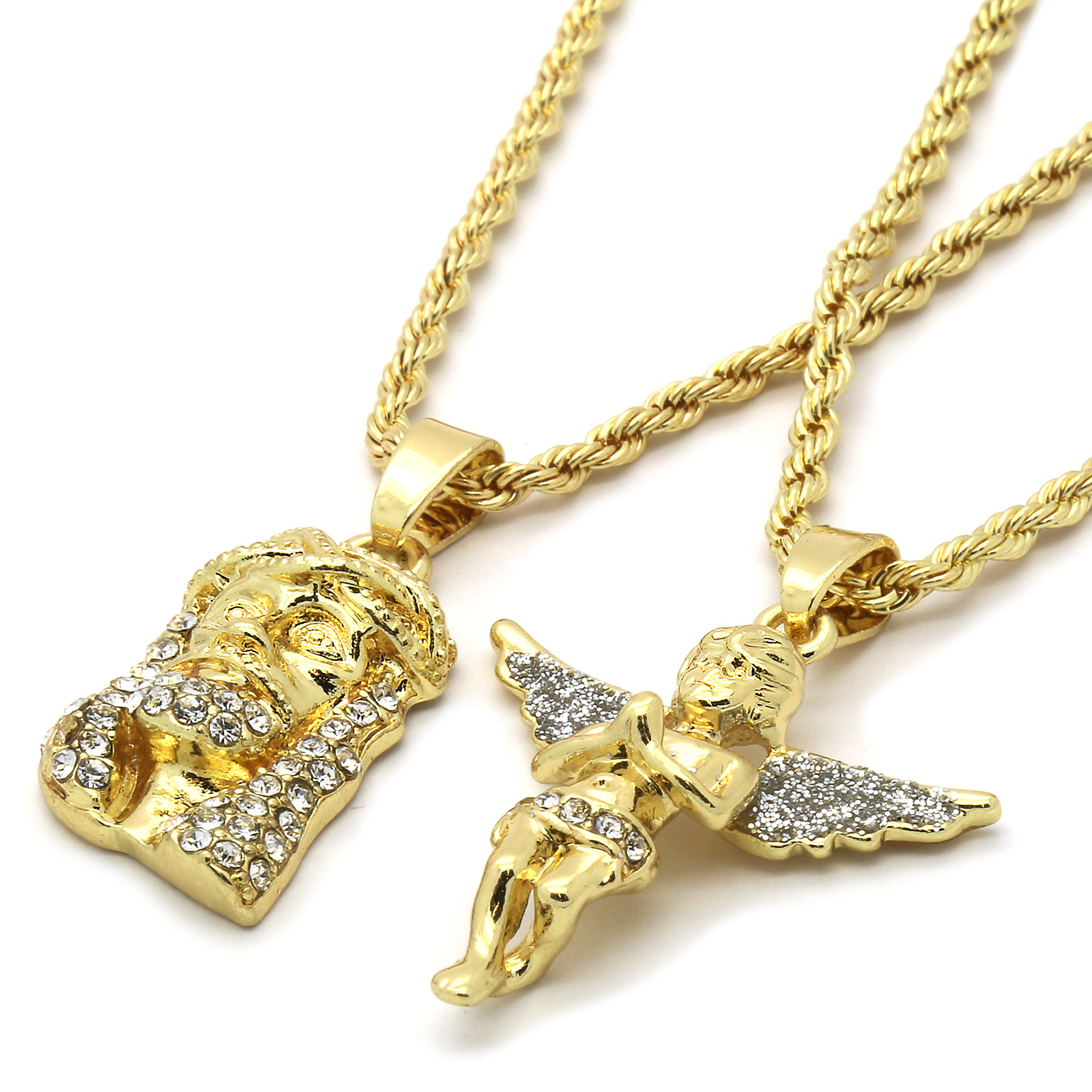 Men 14k Gold Plated Jesus & Angel Cubic-Zirconia 30″ & 24″ Rope chain 07
