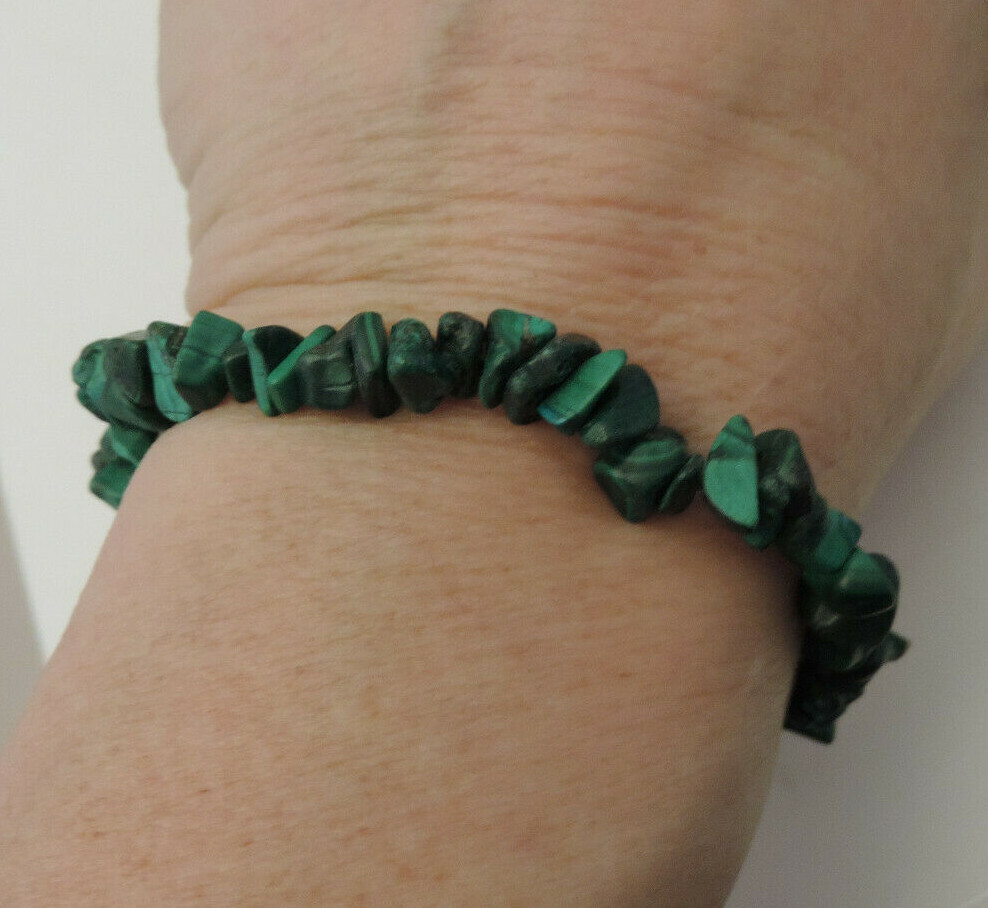 Green Banded Malachite Pebble Chip Bead Stretch Bracelet Ch 16