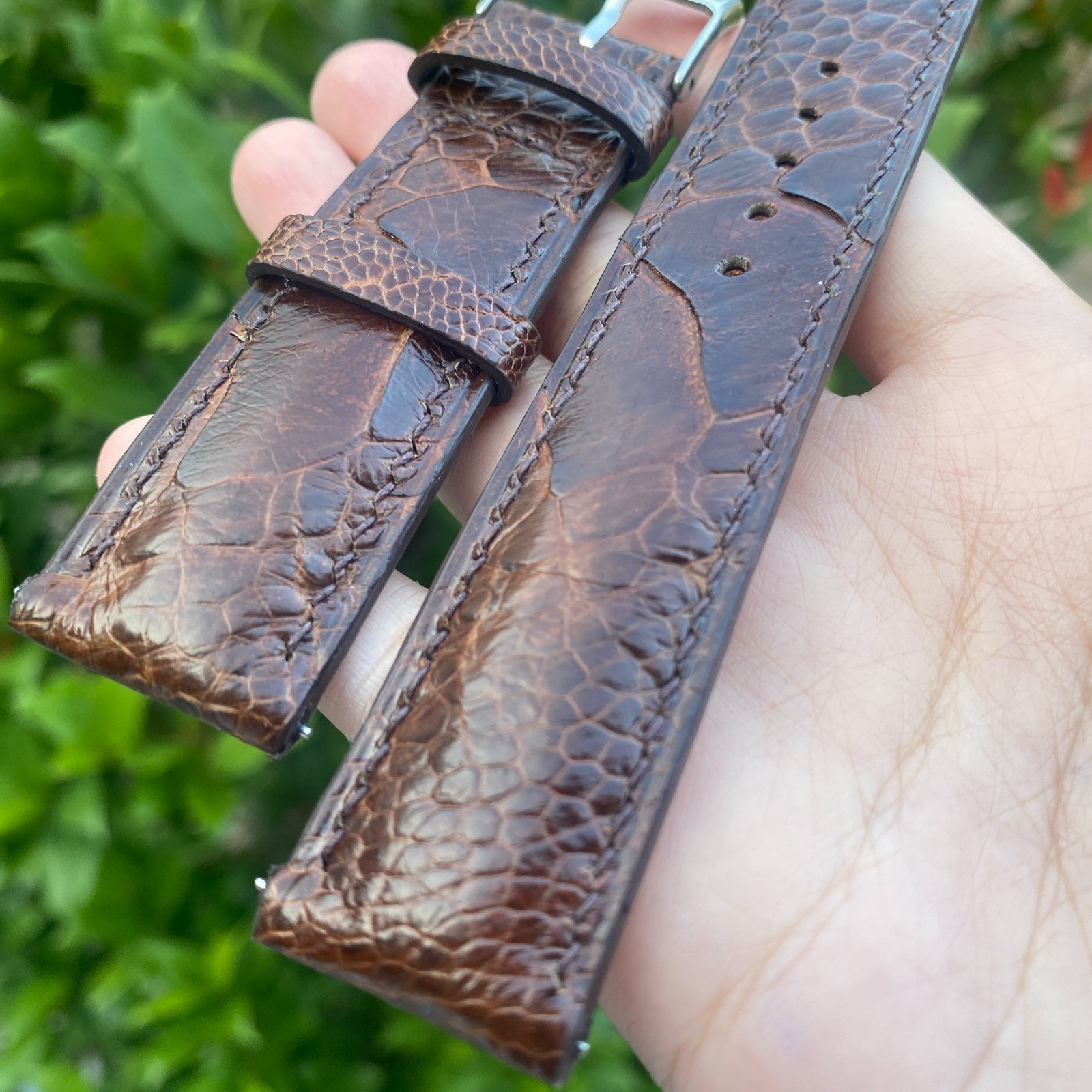 Dark Brown Ostrich Leather Watch Band Customized Watch Strap Silver Buckle