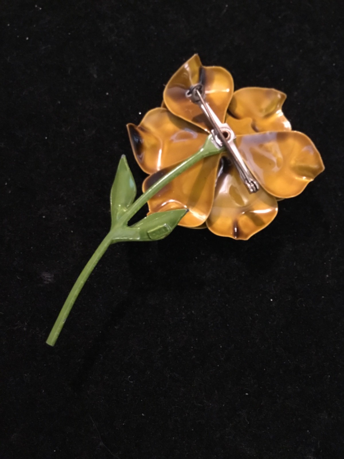 Vintage Signed JJ Fashion Mustard Yellow Green Enamel Flower Brooch 