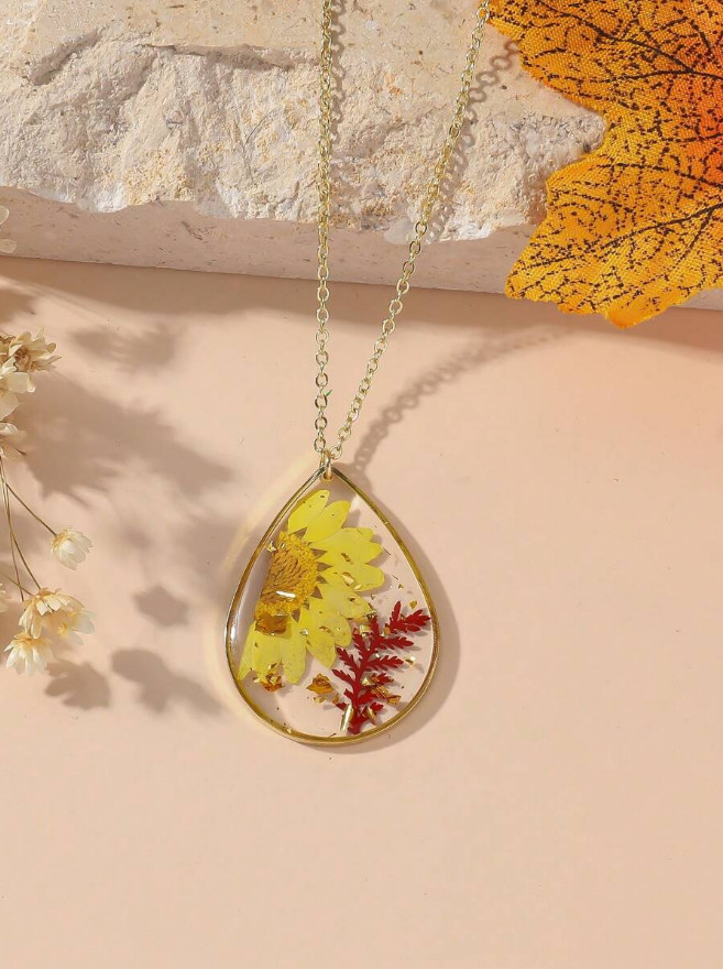 1 PCS Dried Pressed Daisy Real Flower Resin Pendant Necklace Handmade Chain USA