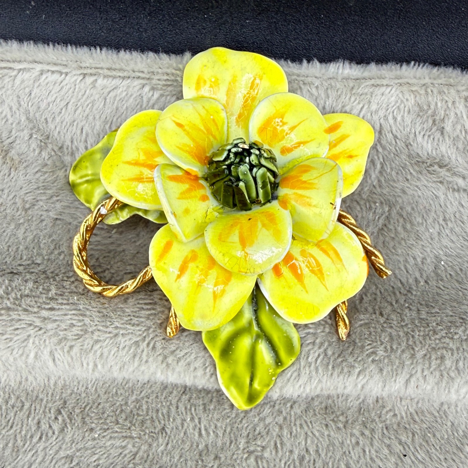 Vintage Enamel Flower Brooch Yellow Mod Pop Art